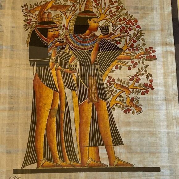 Cintage Egyptian Papyrus Painting Signed Framed Glass 26 x 22 - Picture 1 of 10